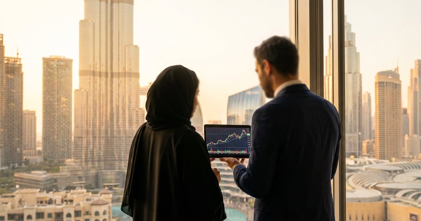 SME partners reviewing financial growth with the Burj Khalifa skyline