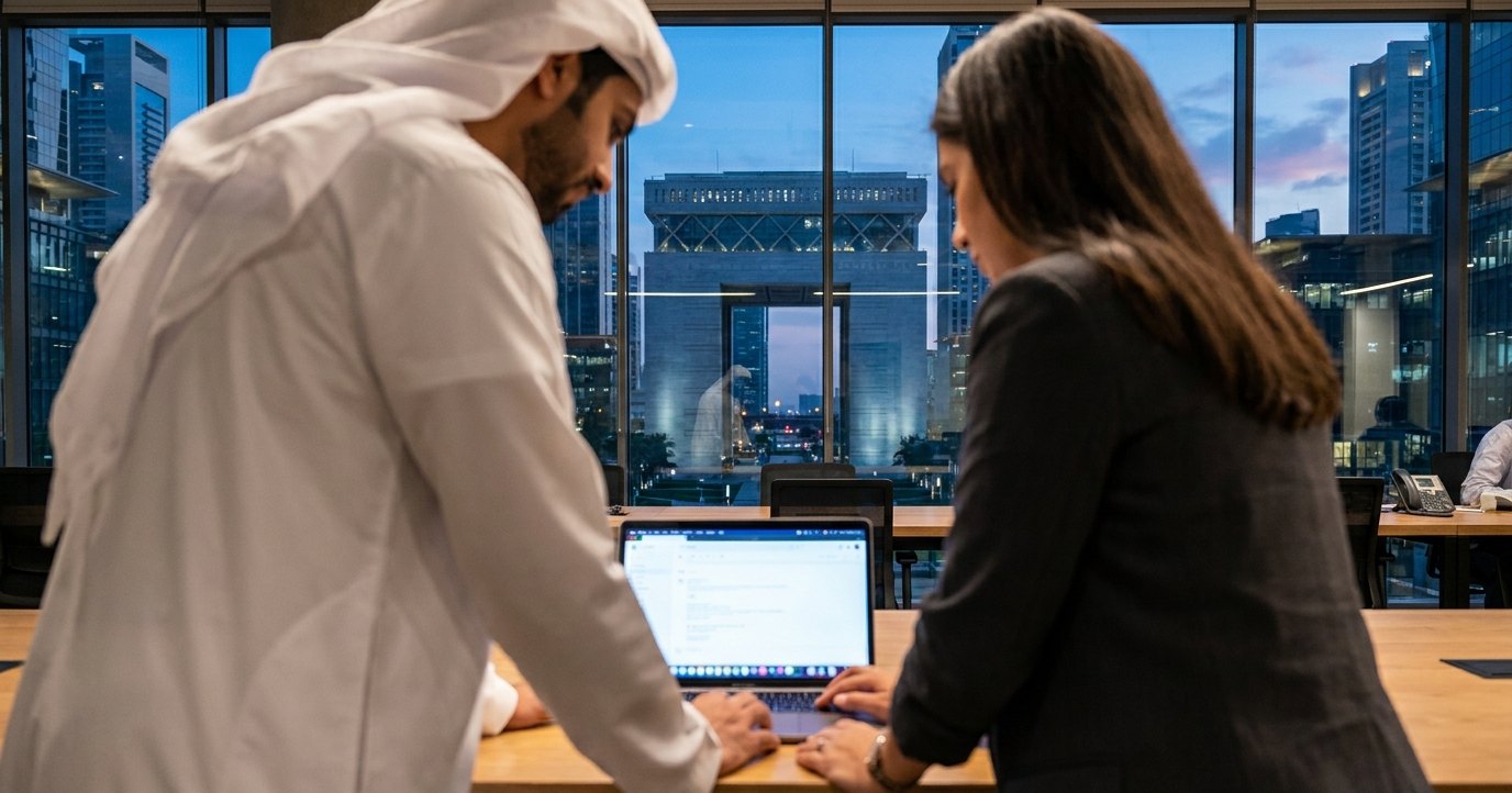 Startup founders collaborating in DIFC, Dubai at dusk