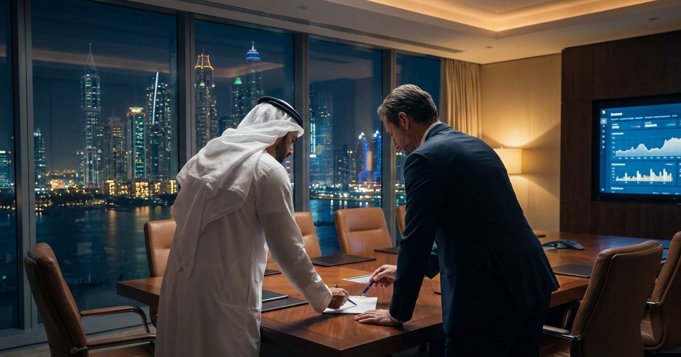 Executive and loan advisor structuring a credit line overlooking Dubai Marina